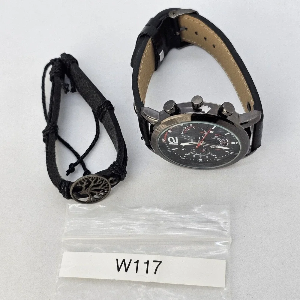2PC Men's Watch Bracelet Set 45MM Black Dial Date Black‎ Leather Bands Working